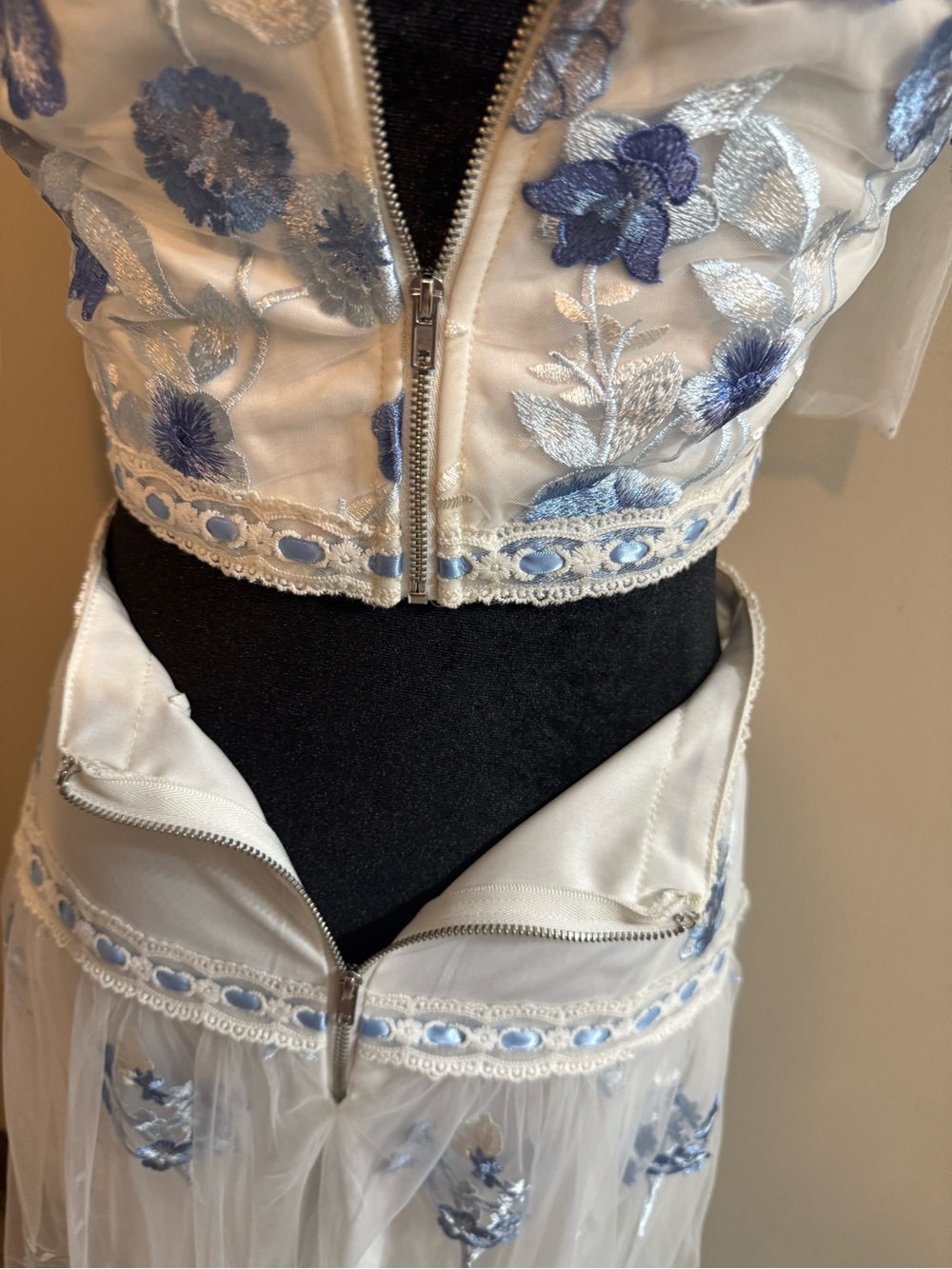 Altar'd State White Maxi Skirt with Light Blue Floral Embroidery - Picture 2 of 7